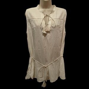 Megan Park Blouse Ivory with Gold Micro Stripes Tassels on Ties Size 2 Boho